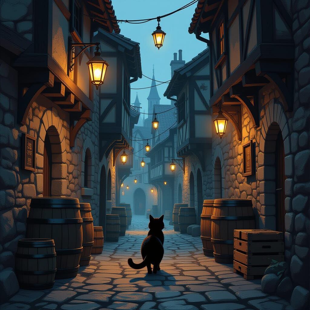 Black Cat in Lantern-lit Medieval Alleyways