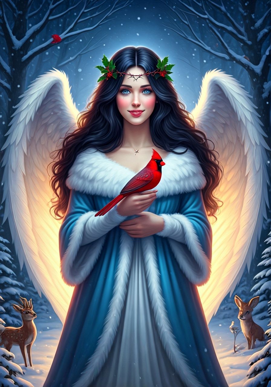 Christmas Angel in Winter Forest with Cardinal