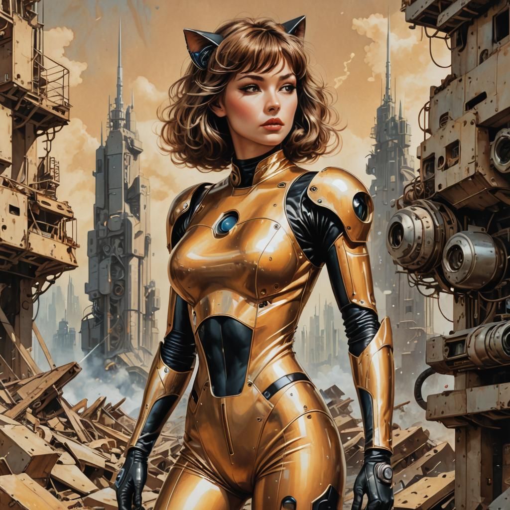 Retro-Futuristic Catwoman in Sci-Fi Landscape