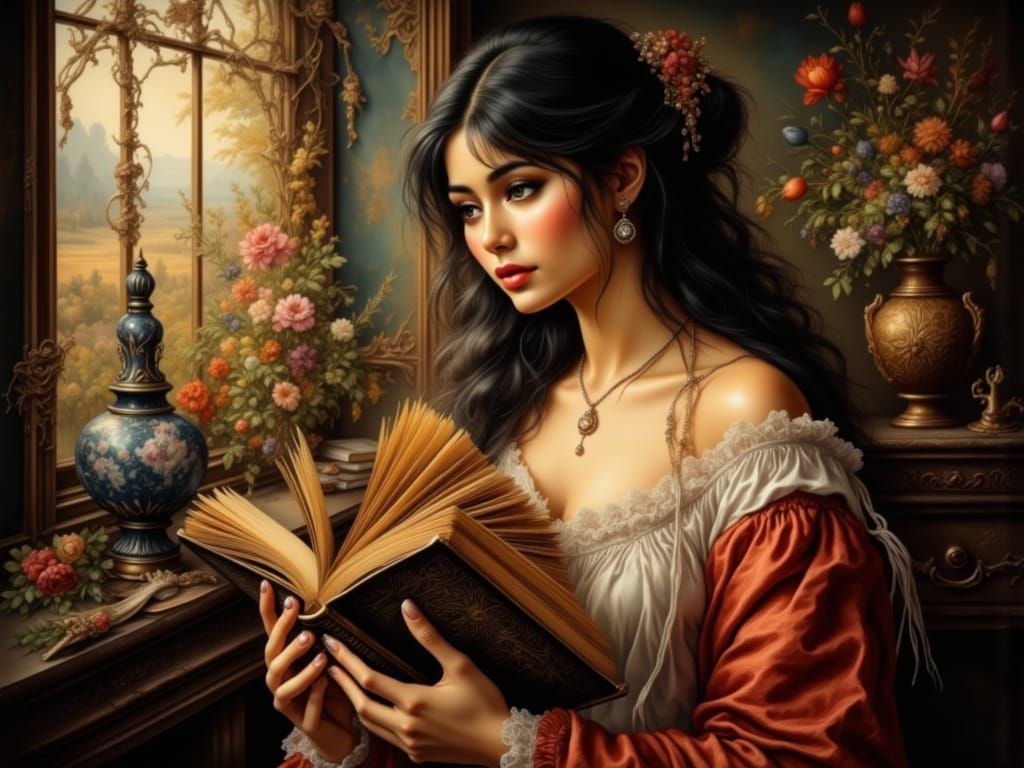 Indian Woman Reading in a Garden, Golden Light