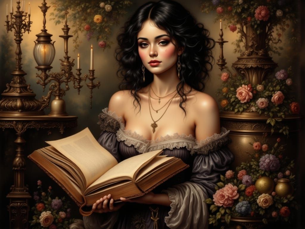 Indian Woman Reading in Garden as Old Master Painting