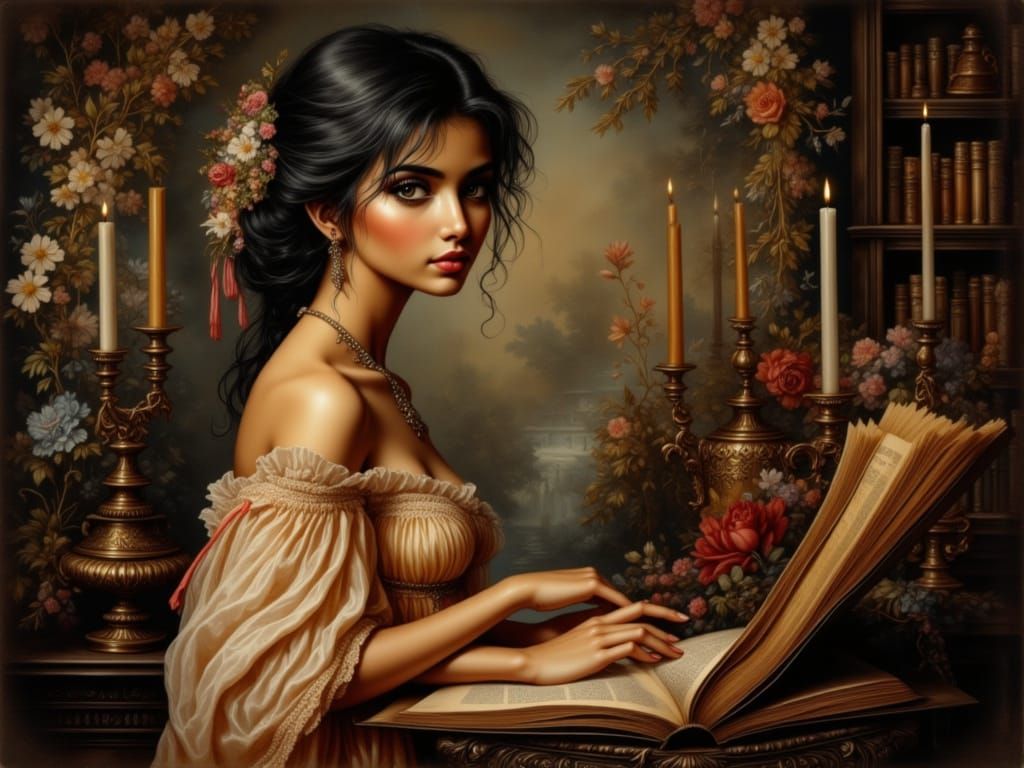 Indian Woman Reading in a Golden Age Garden