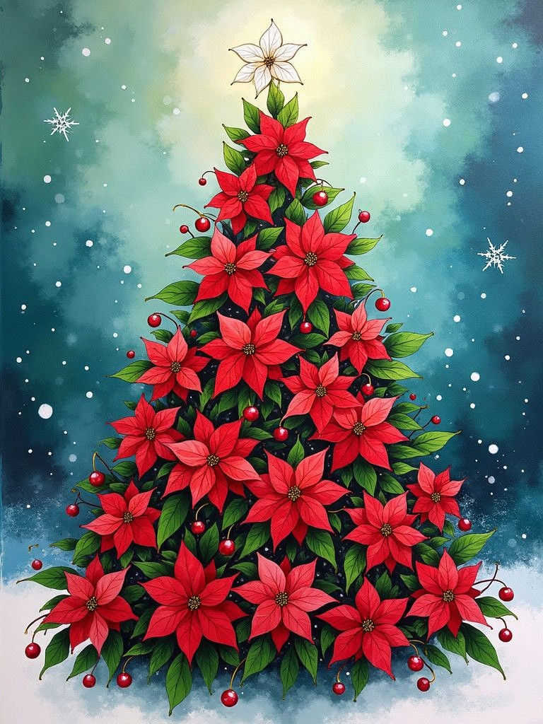 Vibrant Poinsettia Christmas Tree in Holiday Winter Scene
