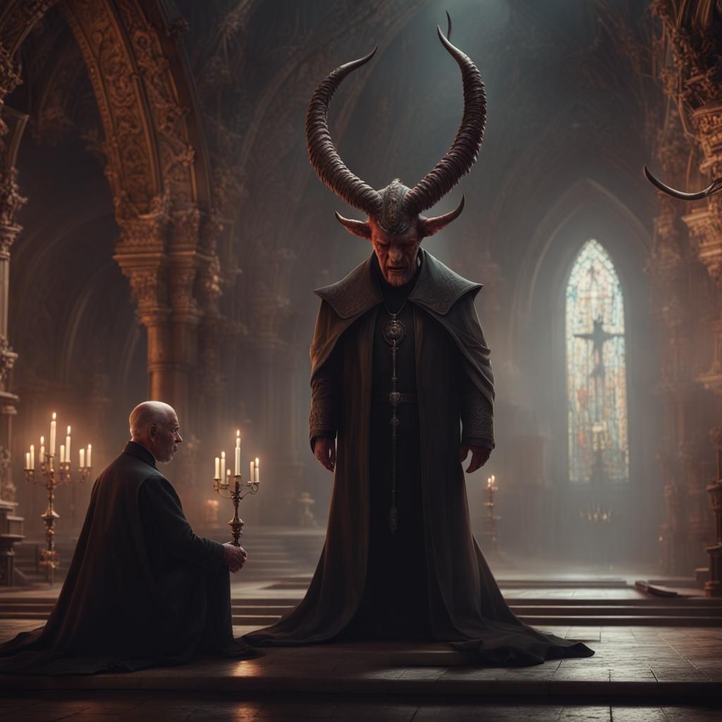 Vile Horned Demon Talking to Modern Priest