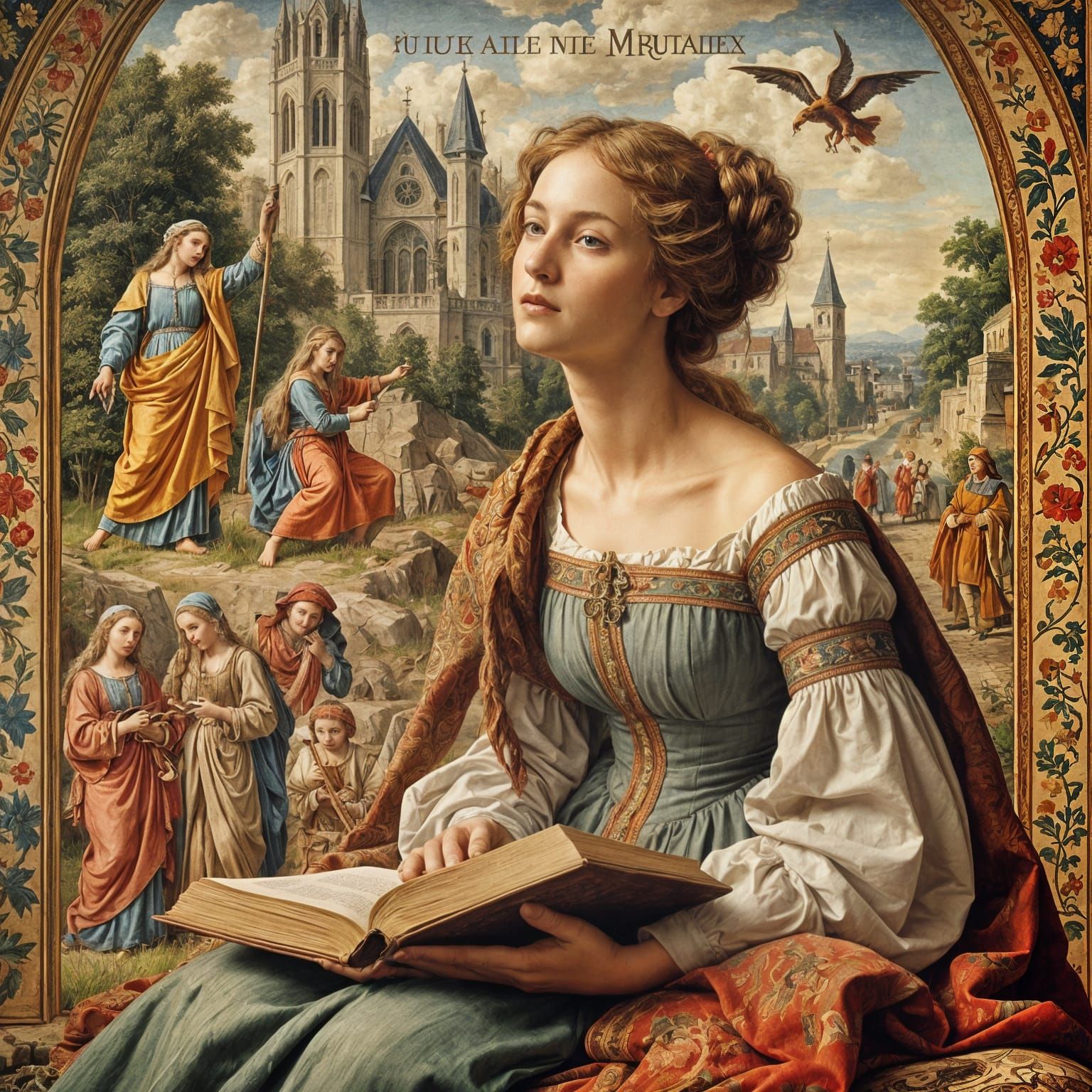 Medieval Woman Reads in Richly Brocaded Robe with Flamboyant...