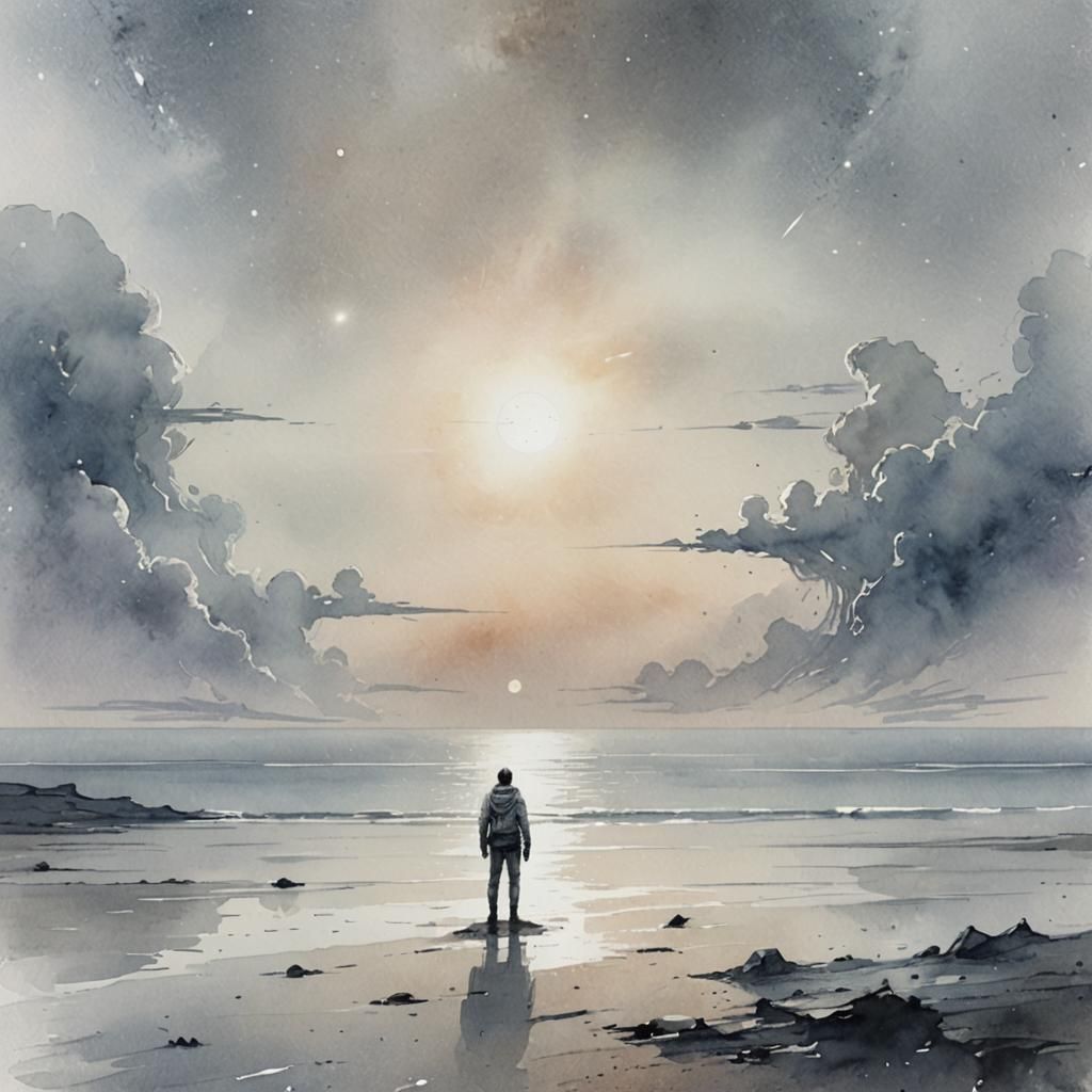 Lone Figure on Distant Planet in Watercolor Style