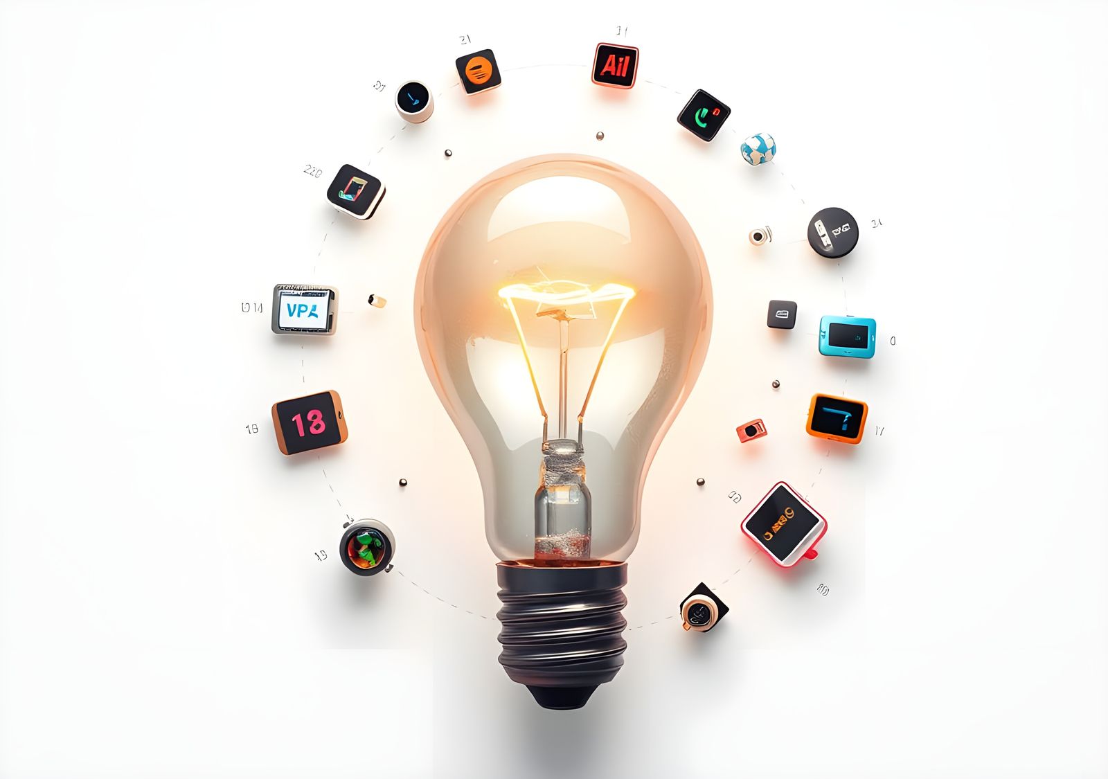 Idea Light Bulb with Technology Icons, Digital Art