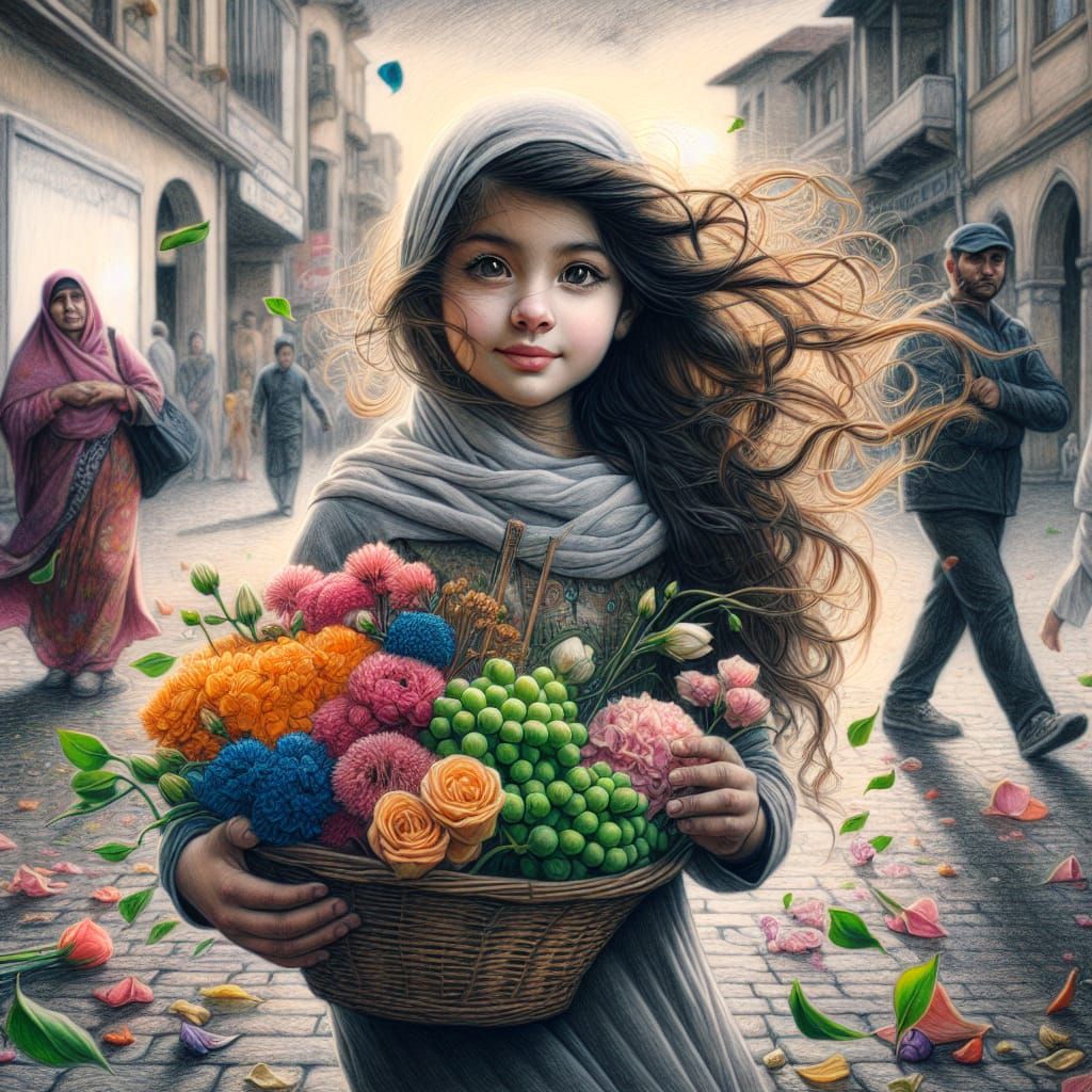 Wind Sweeps Flowers from Girl in Town Square