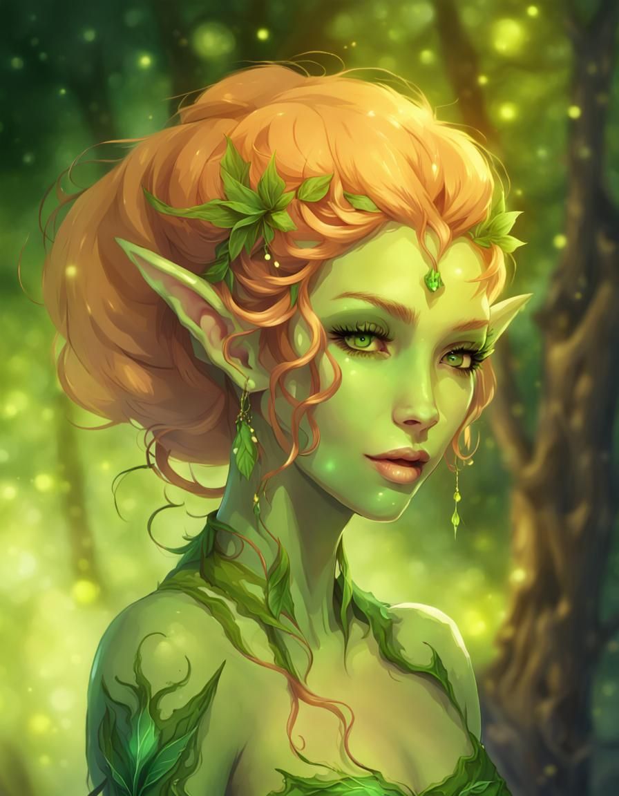 Beautiful Green-Skinned Elf Lady Portrait
