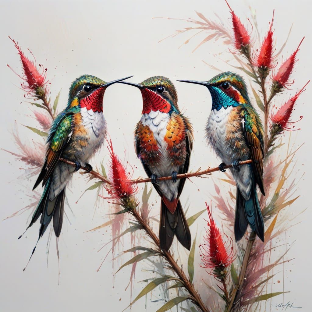 Costa Hummingbirds on Bottlebrush Bush as Oil Painting