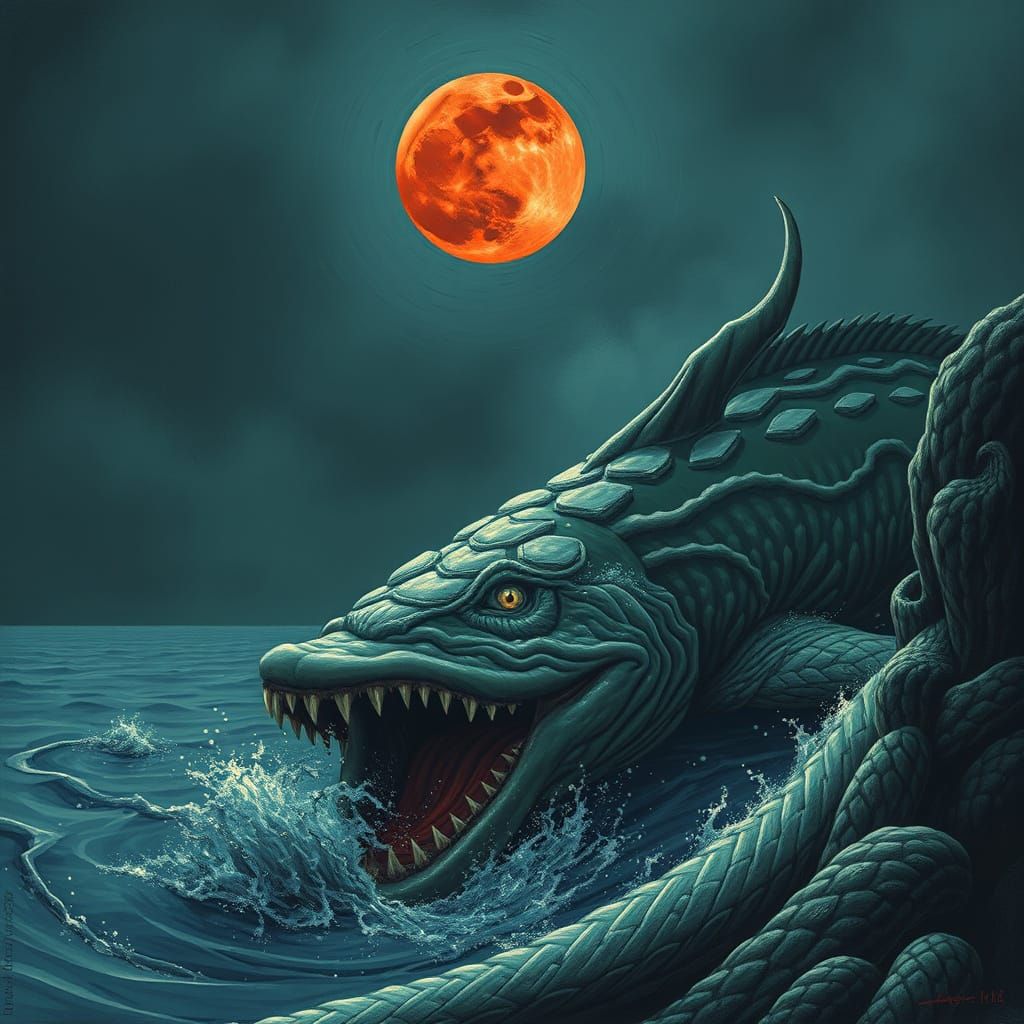 Monstrous Eel Under a Blood Moon