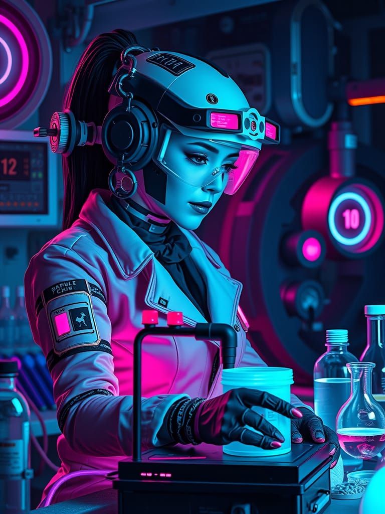 Cyborg Alchemist in Neon Retro Futuristic Lab