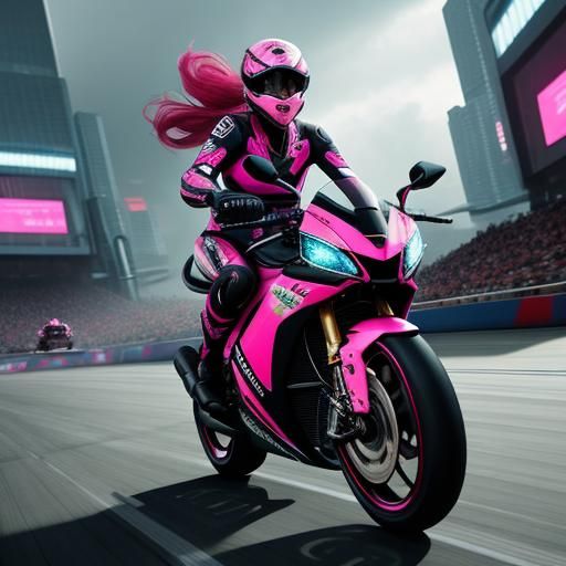 Futuristic Motorbike Race with Asian Girl