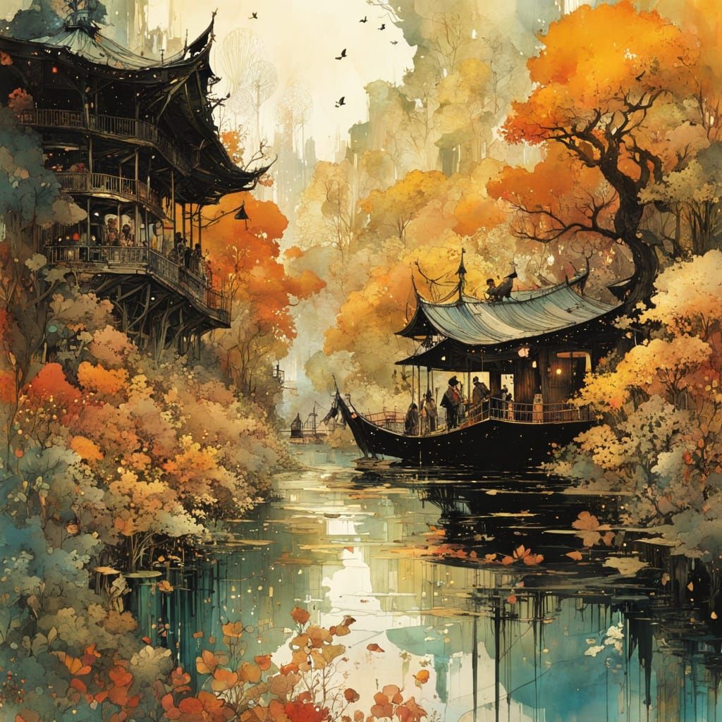 Watercolor Paradise World with Galaxies and Golden Trees