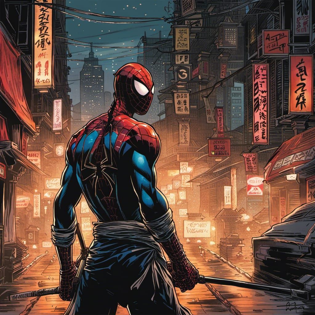 Samurai Spiderman in Crime-Ridden City: Comic Book Art