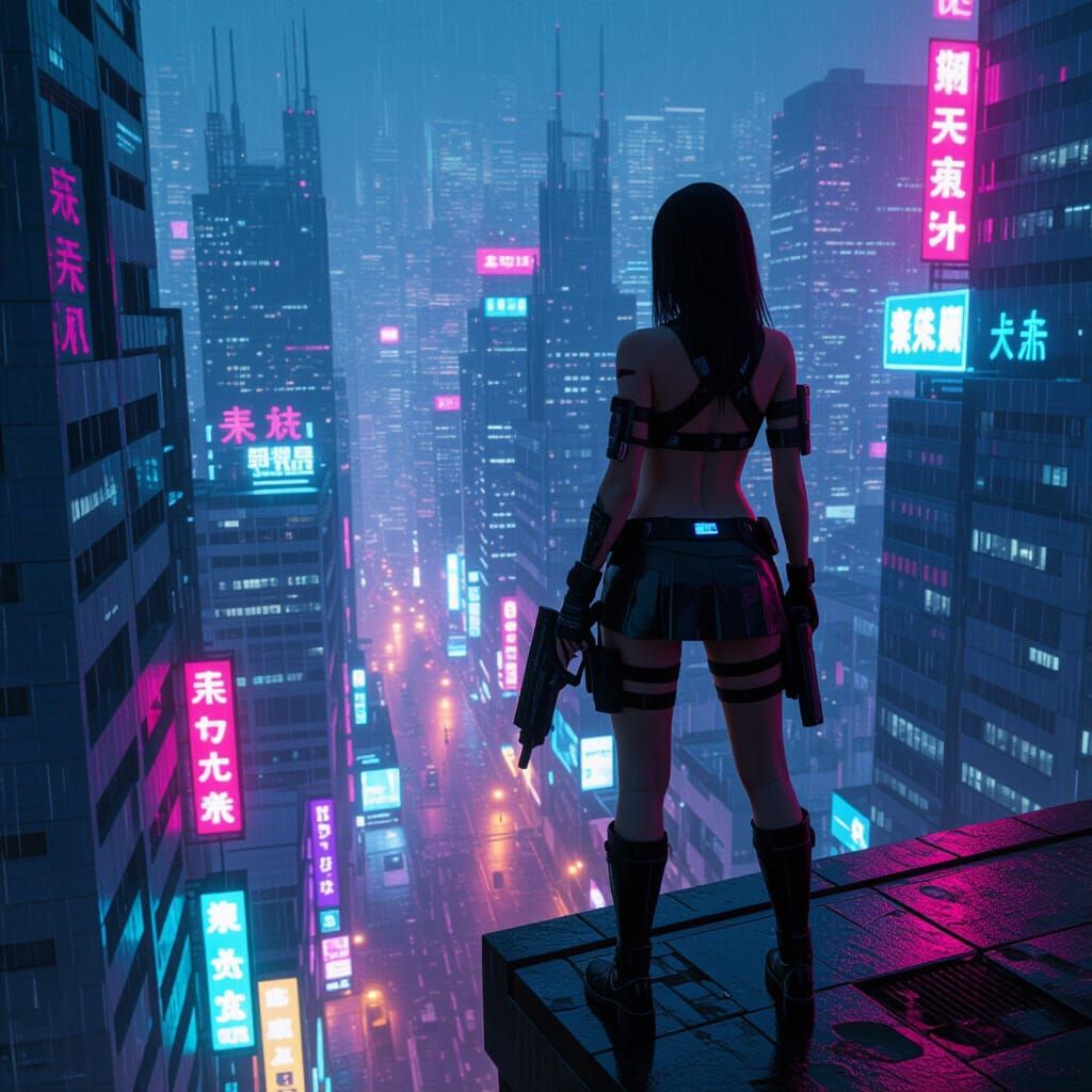 Cyberpunk Woman with Weapon on Skyscraper Edge