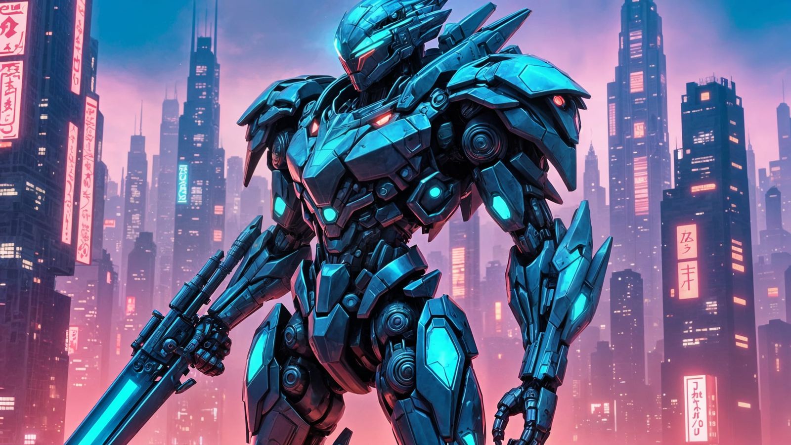 Anime Mecha Warrior Over Neo-Tokyo in Bokeh Style