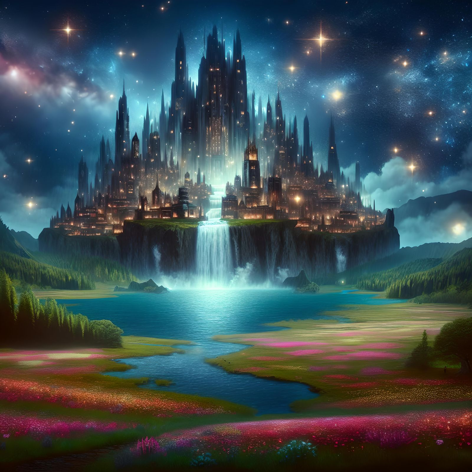 Fantasy City of Stars with Waterfall and Flowers