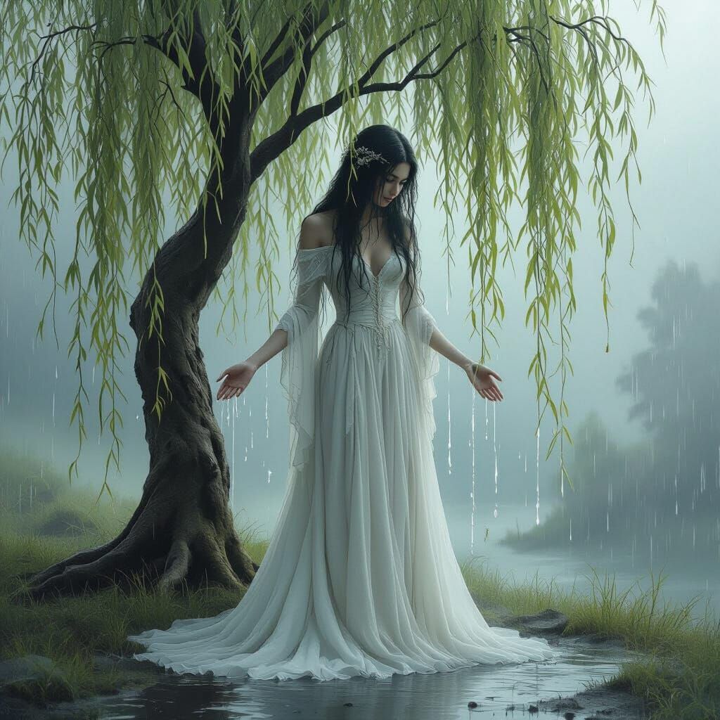 Weeping Willow Woman in Rain-Soaked Landscape