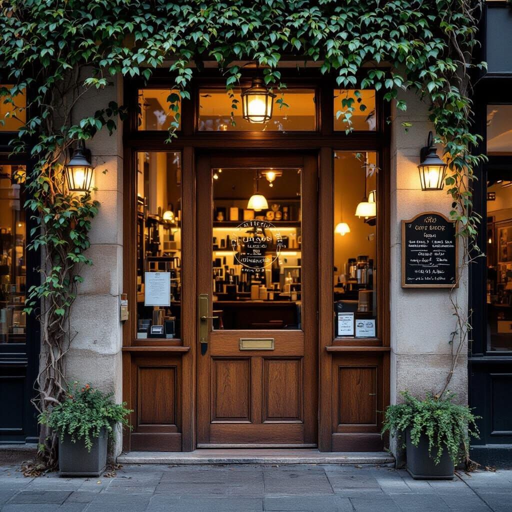 Warm Coffee Shop Entrance with Ivy and Soft Light