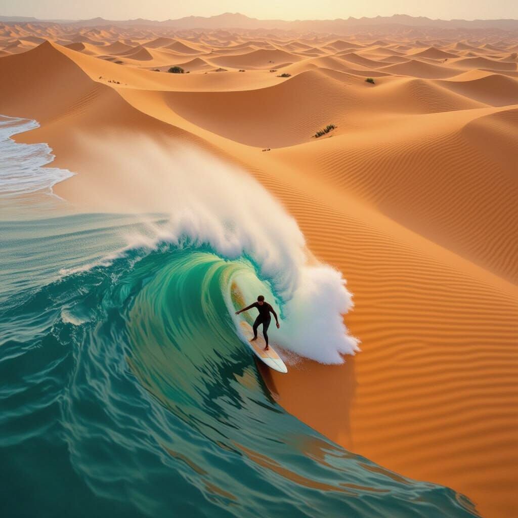 Surfer Rides a Sand Wave in Desert Landscape