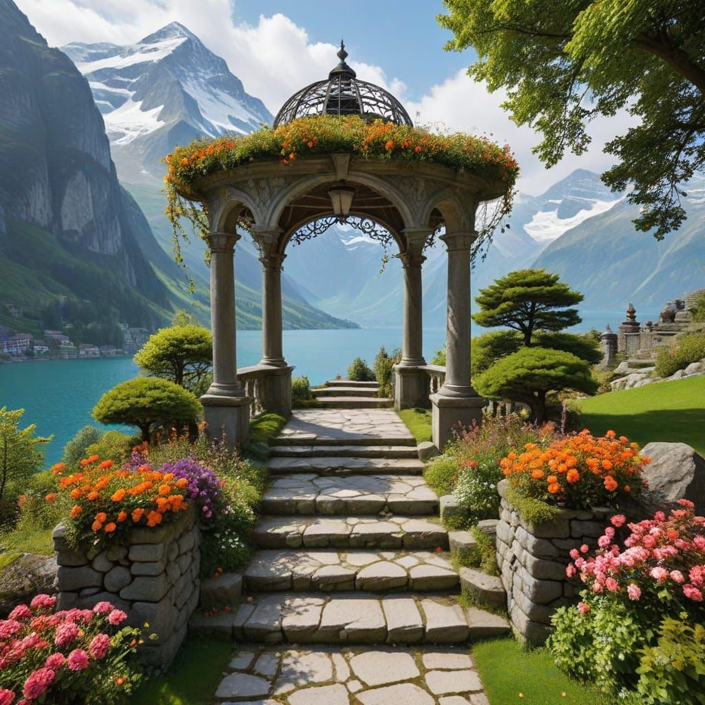 Gazebo in Alpine Paradise with Stone Staircase and Colorful ...