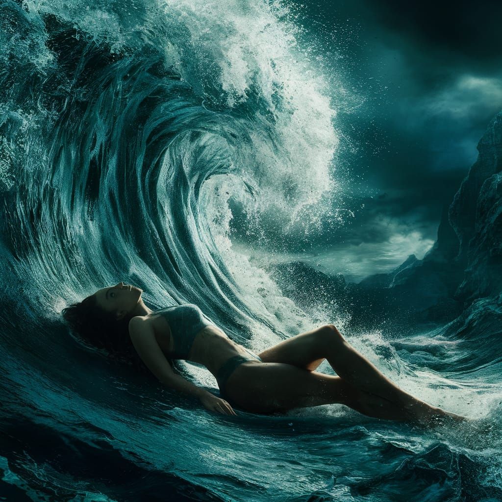 Woman in Shadow of Colossal Wave: Digital Matte Painting