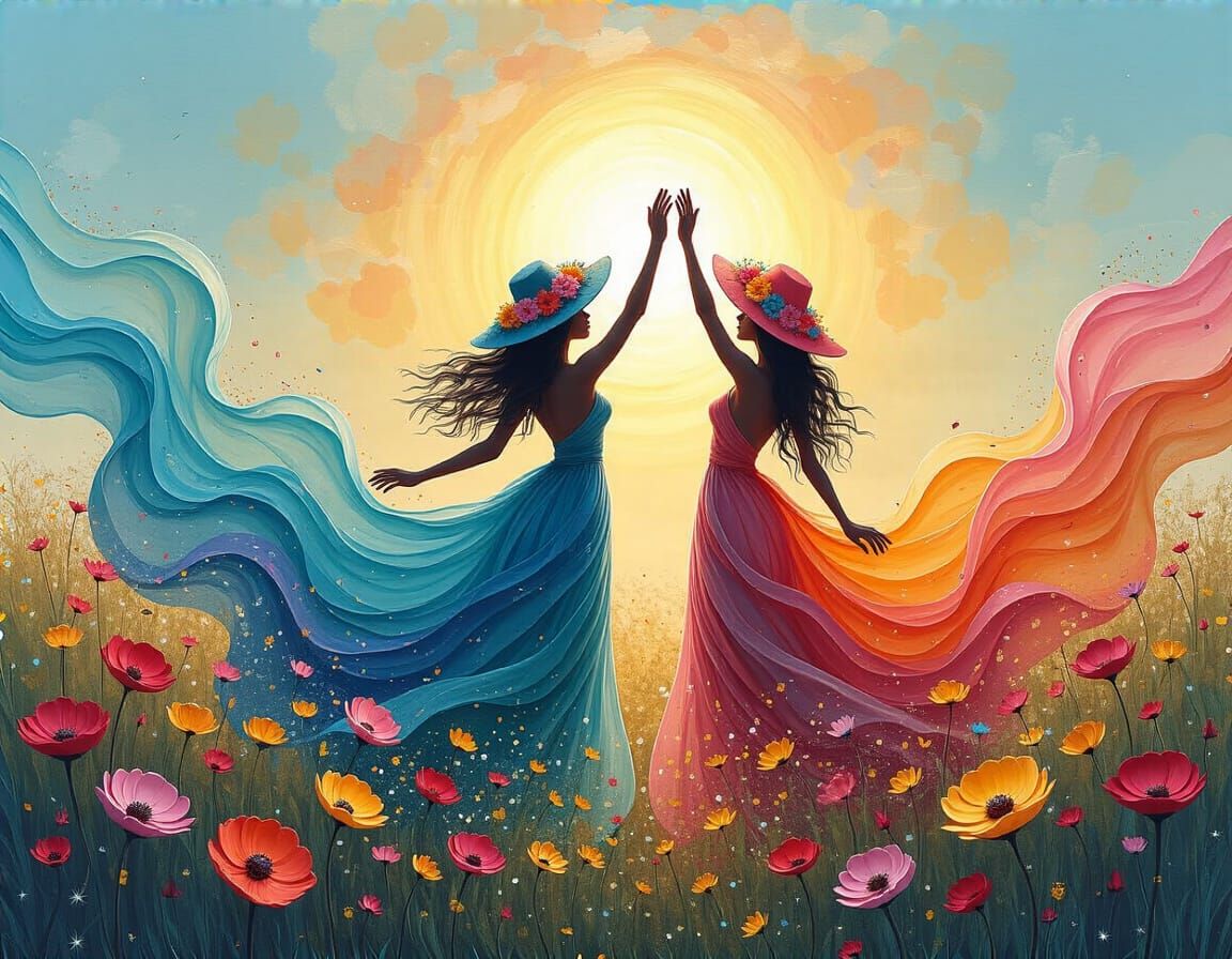 Women in Flowing Gowns Under Sunlit Biosphere