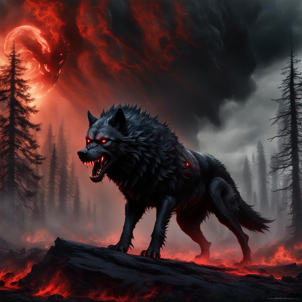 Menacing Black Dire Wolf with Glowing Red Eyes