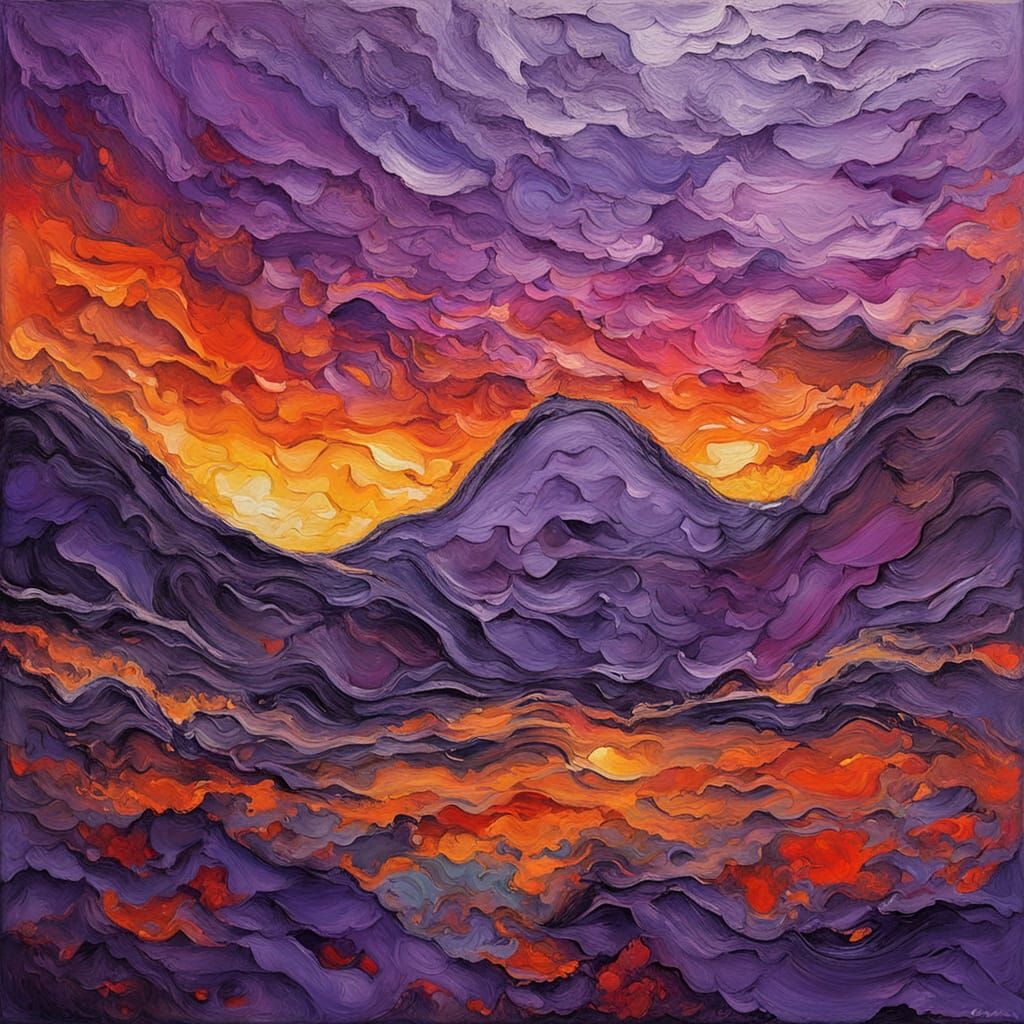 Colorful Impasto Cliff at Purple Sunset
