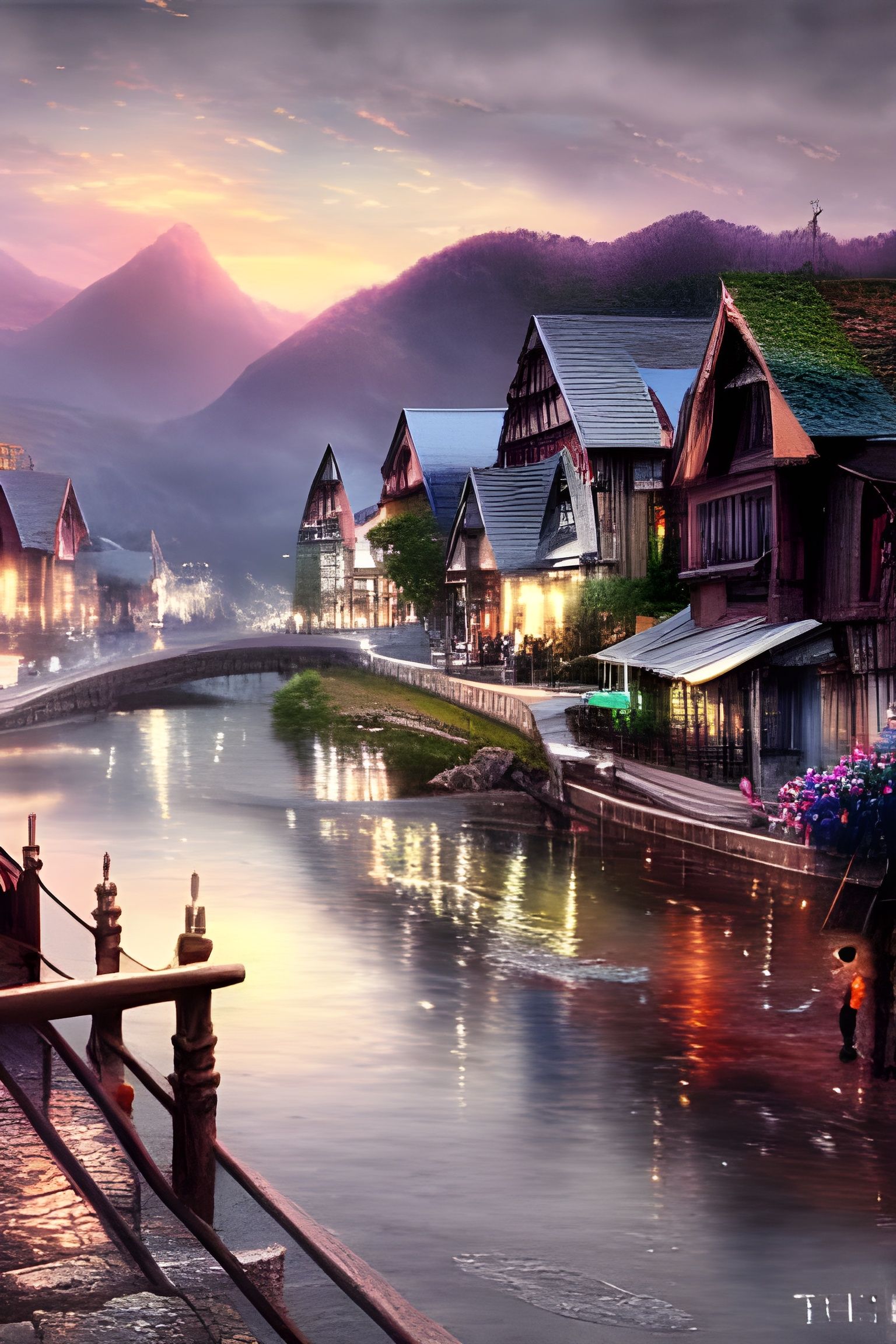 River Town: Hyperrealistic Watercolor Painting