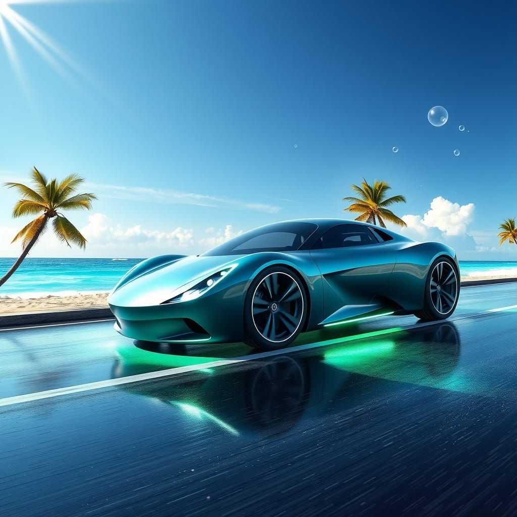 Futuristic Car on Tropical Coast in Frutiger Aero Style
