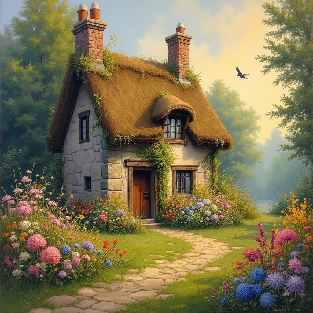 Impressionist Cottage in Wildflower Field at Sunset