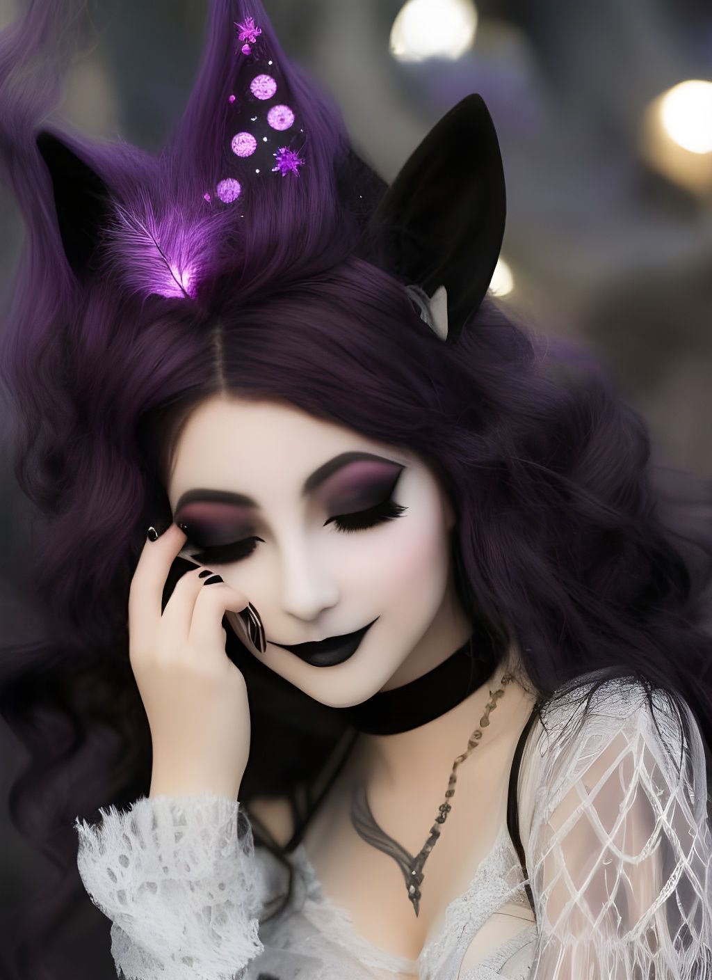 Goth Anime Girl with Wolf Ears in Mystic Forest