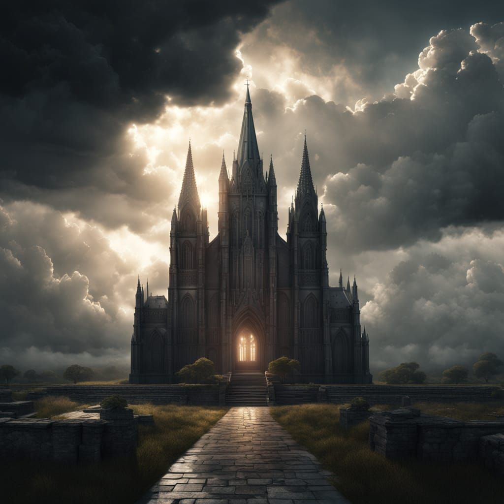 Grand Cathedral in Stormy Sky with Ethereal Glow
