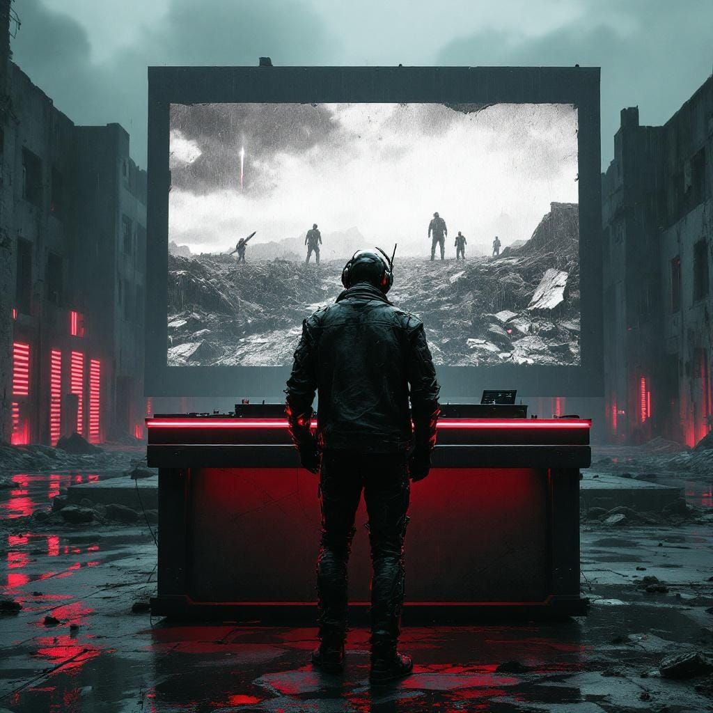 Cyborg DJ in Desolate Cyberpunk Cityscape