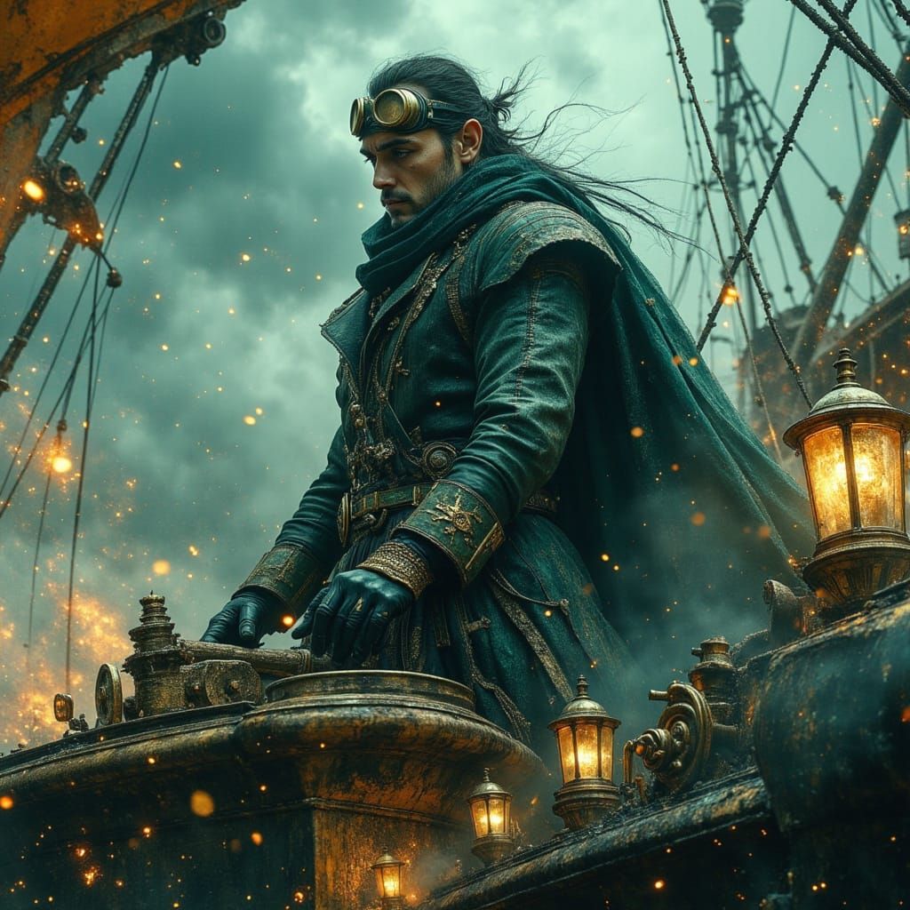 Dirigible Steampunk en medio de una tormenta