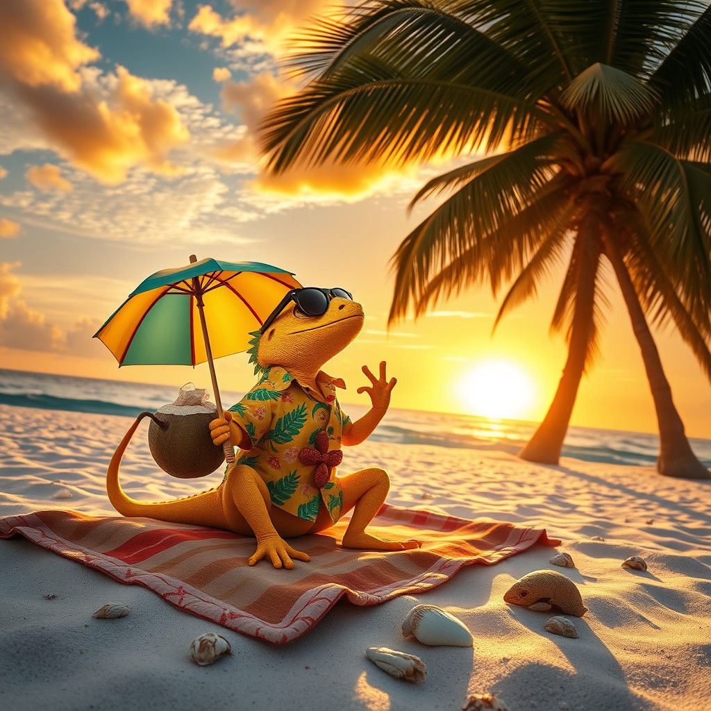 Lizard Lounging on Beach at Sunset, Digital Matte Painting