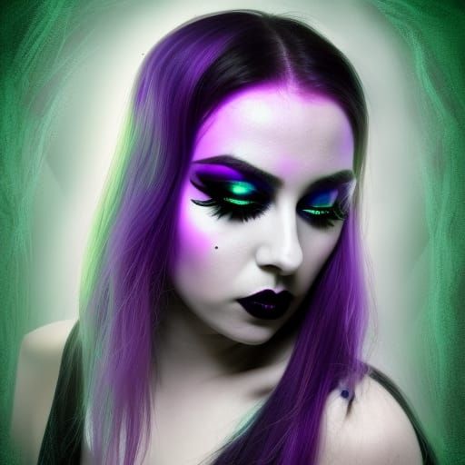 Ethereal Gothic Young lady Black light purple eyeshadow& Black light purple eyeliner& Black lipstick& Beautiful green ey...