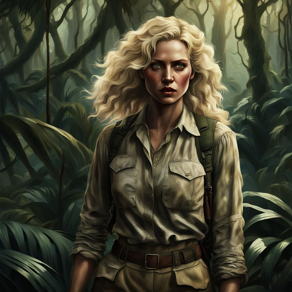 Distressed Blonde in 1930s Jungle Adventure