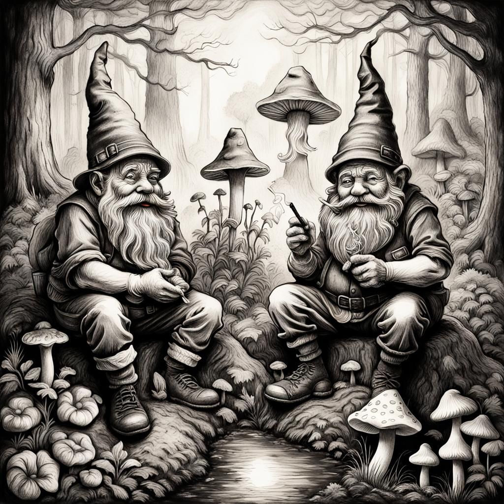 Garden Gnomes Smoking Spliff: Charcoal Drawing