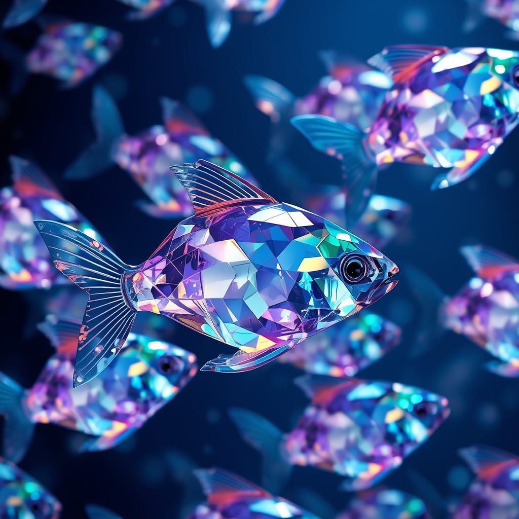 Glowing Gemstone Fishschool in a Dreamlike, High-Tech Realm
