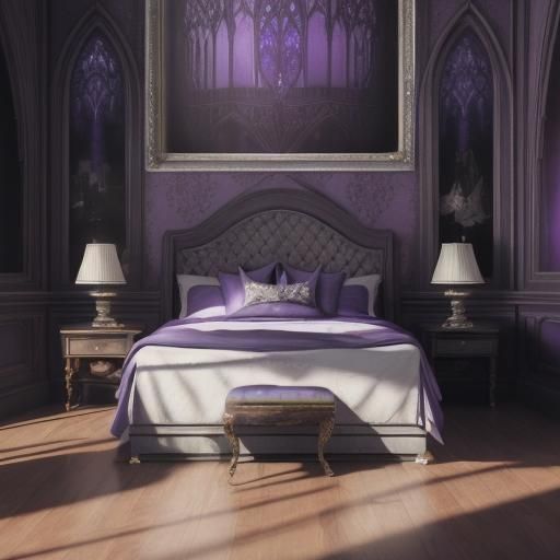 Realistic purple gothic bedroom with purple gothic bed& beautiful craftsmanship& gothic architecture vibes& photorealist...