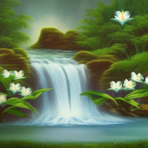 Enchanted Waterfall with White Water Lilies