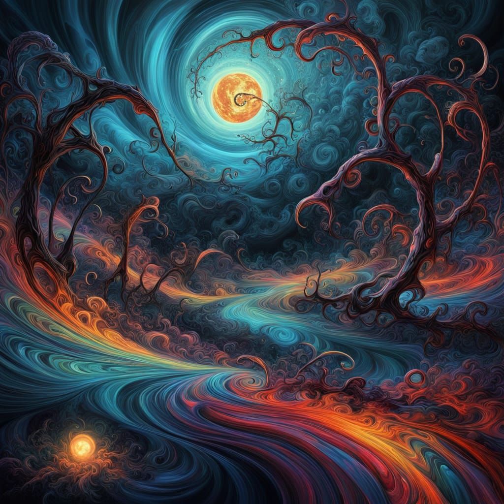 Surreal Cosmic Dreamscape with Spider and Fractal Shapes