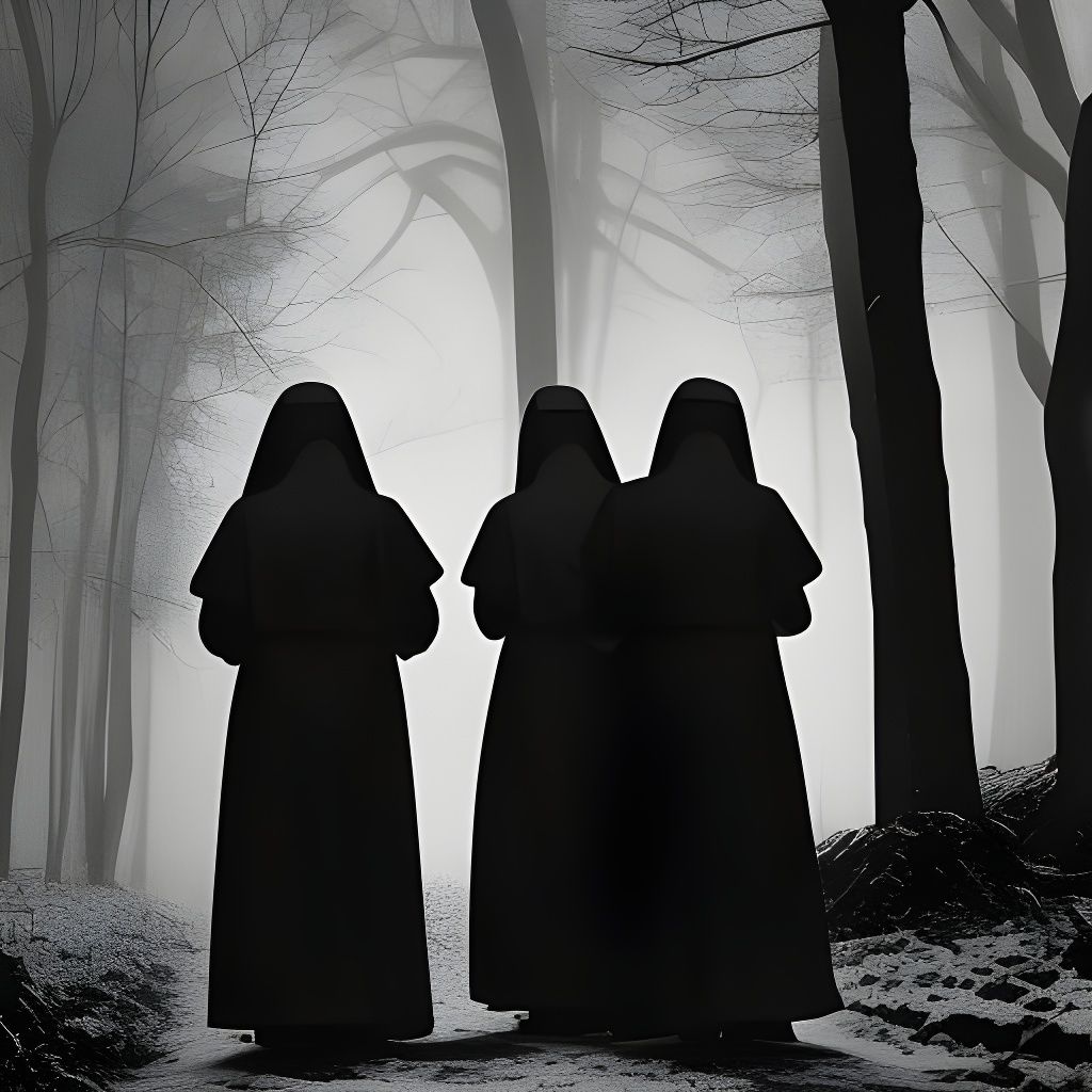 Noir Photograph of Nuns in Snowy Woods