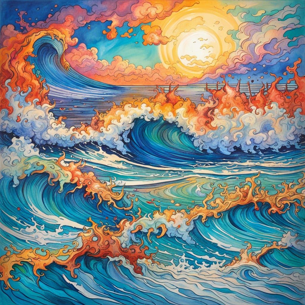 Ocean Beach Sunset Watercolor Painting