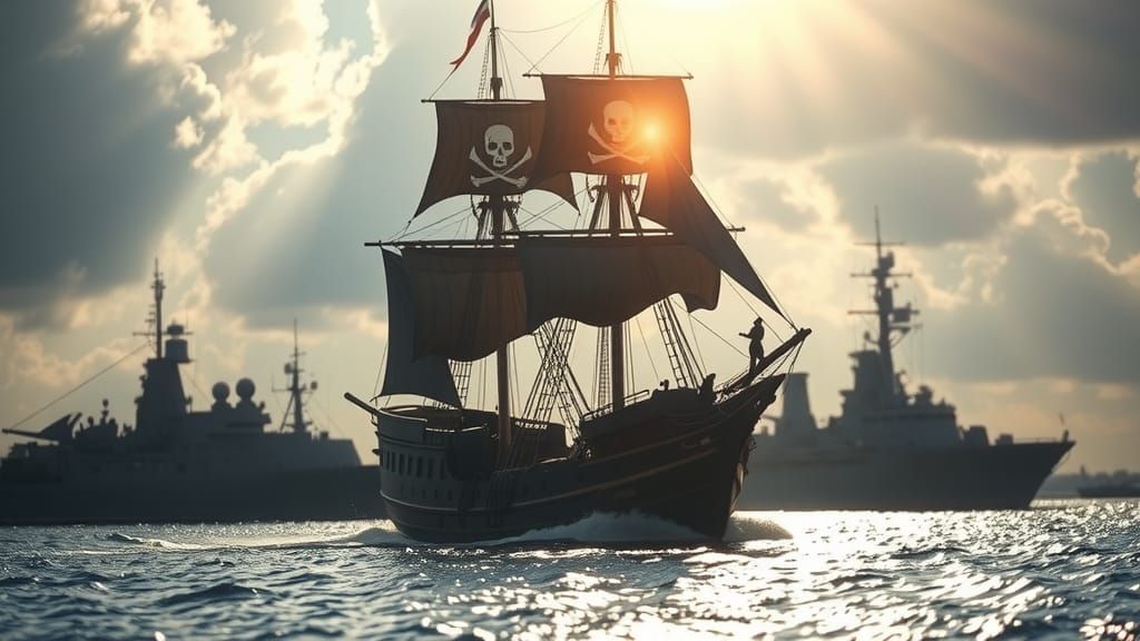Pirate Ship Confronts Navy Ship: Professional Photography