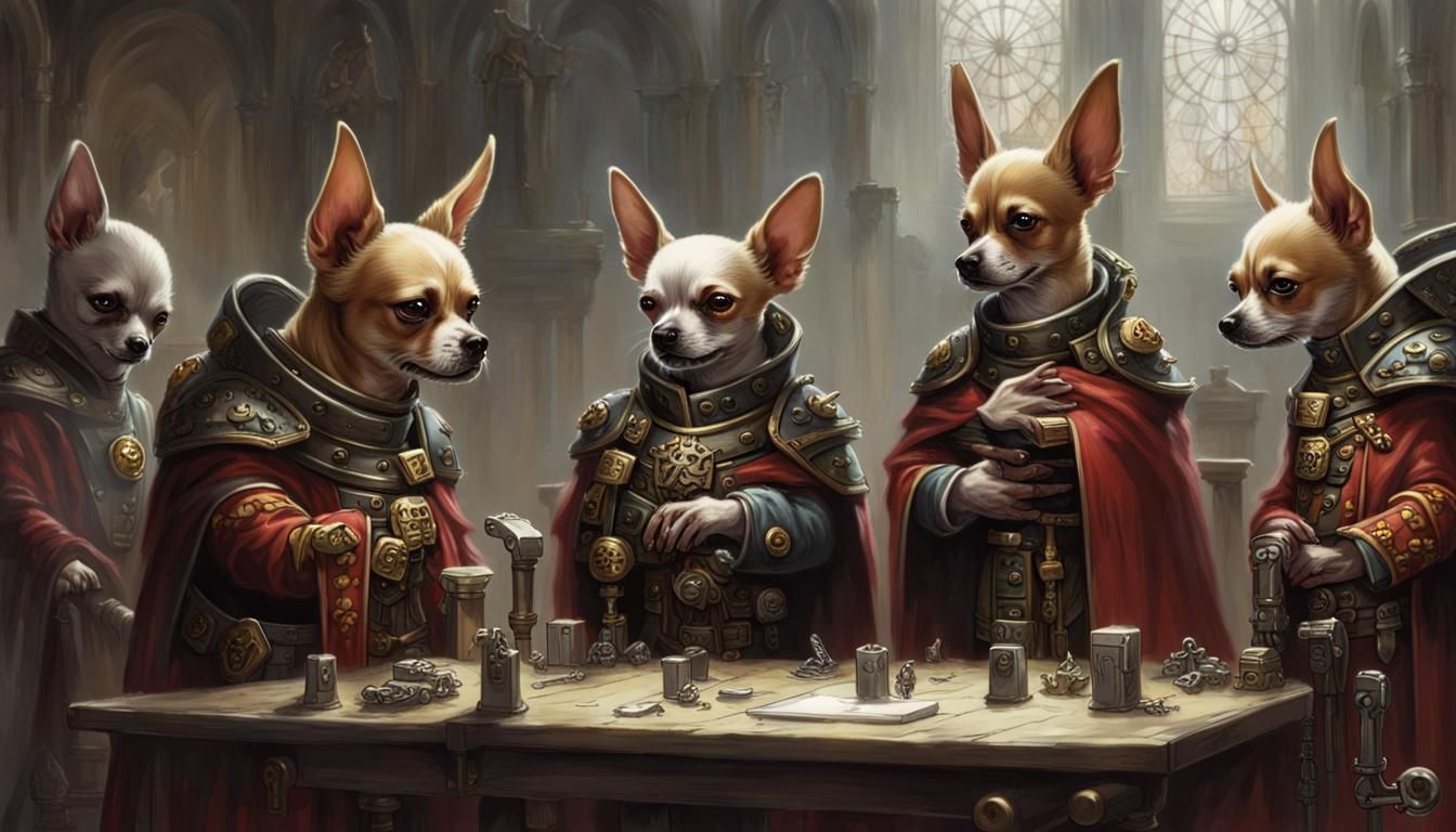 Chihuahua Tech Priests Discussing Plans in Grimdark Style