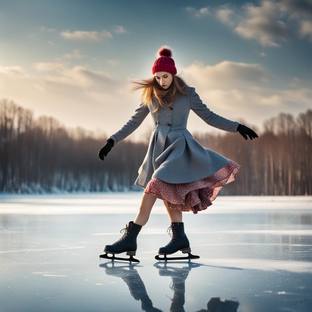 Girl Skating on Iced Lake: Romantic Photography